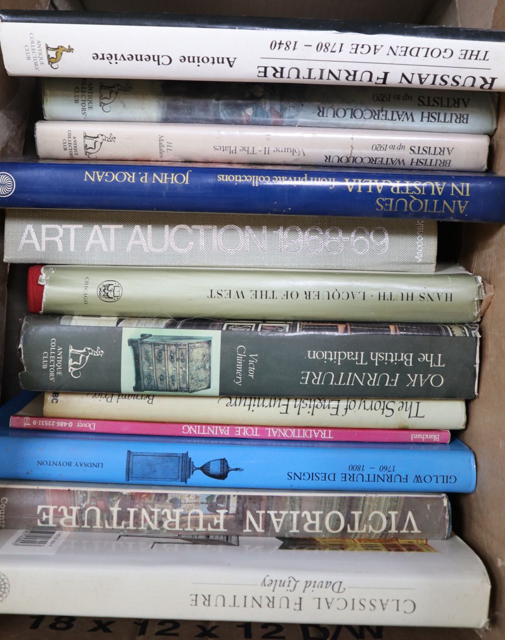 A quantity of mixed reference books relating to art, furniture, glass etc including Gillows furniture designs